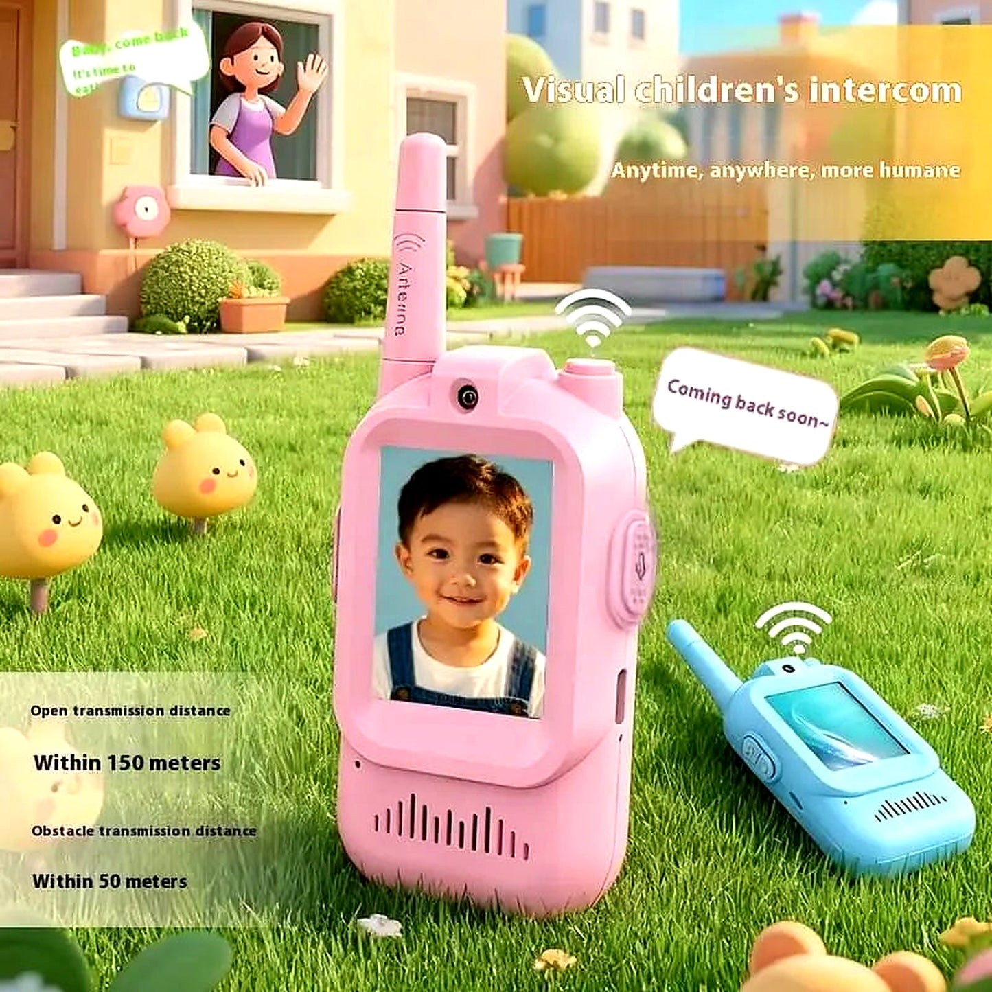 Children’s video walkie talkie with camera shown in a garden scene, featuring long-distance intercom use and kid-friendly design