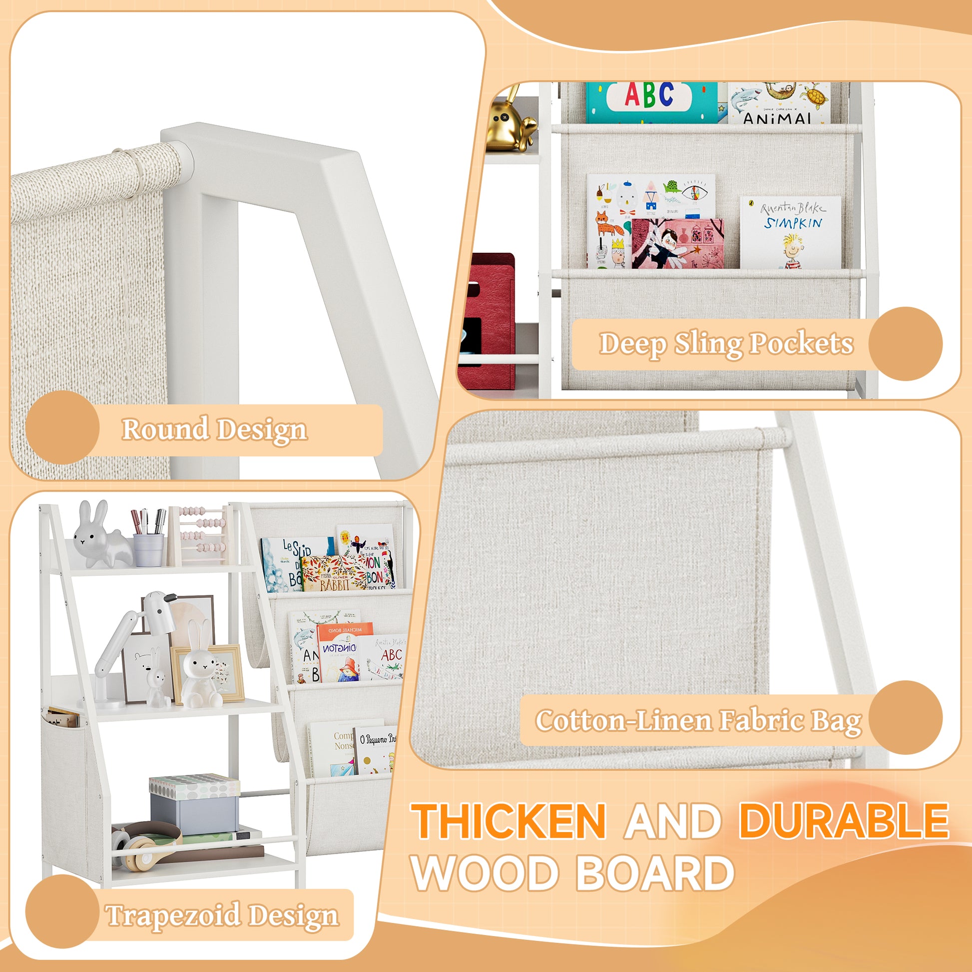 Montessori Bookshelf detail wood and fabric quality