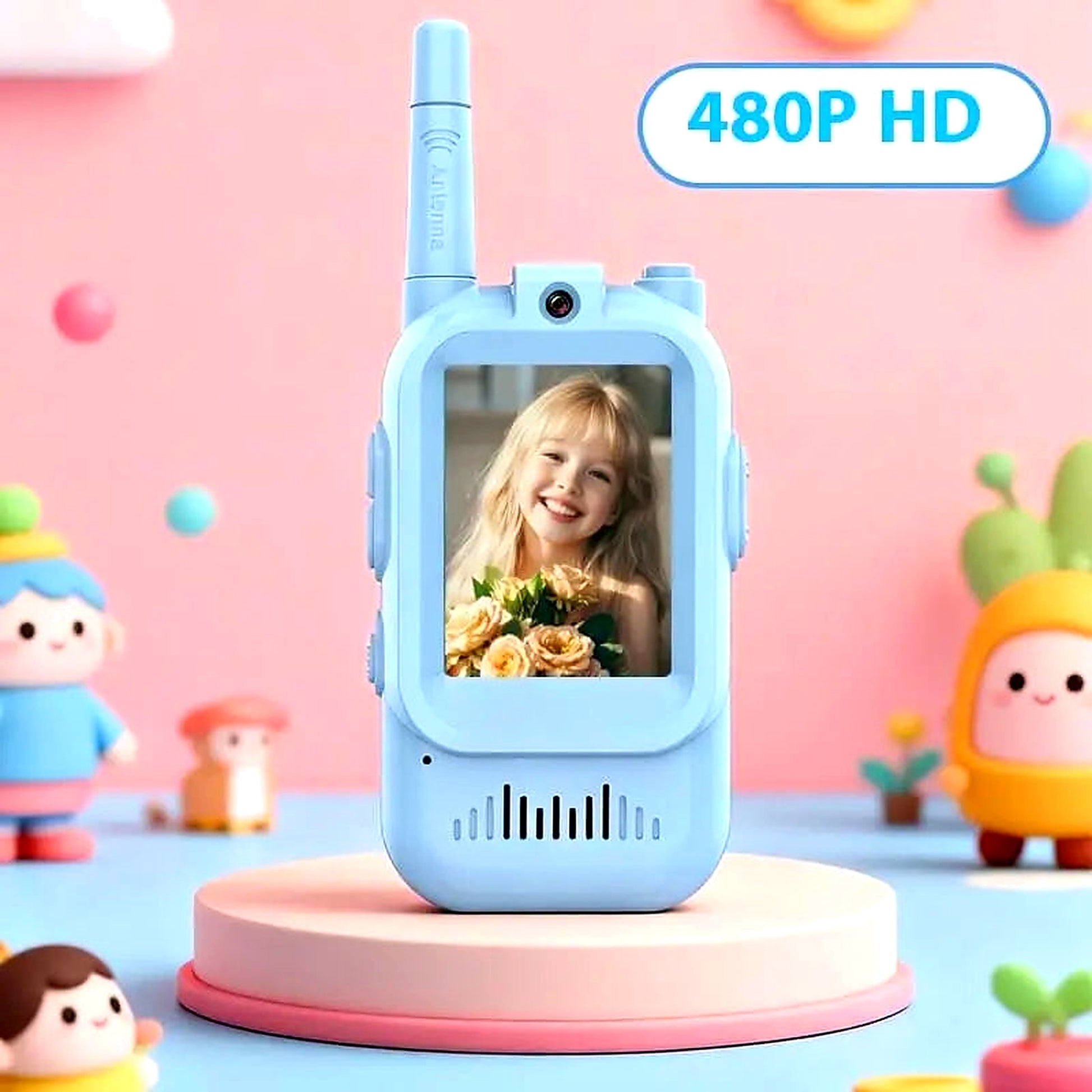 Blue kids video walkie talkie with built-in camera and 480p HD screen displayed on a playful background