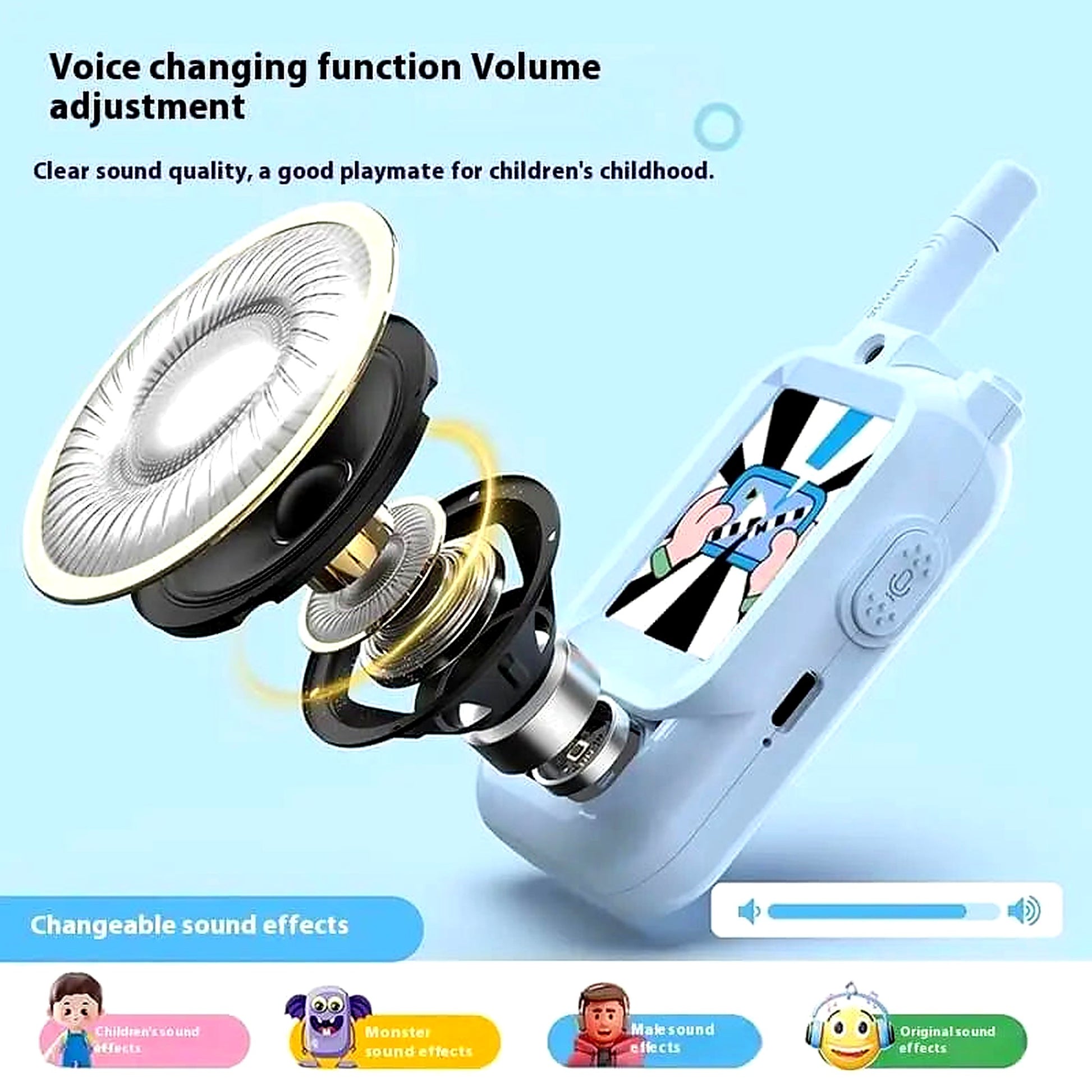 Internal speaker and voice-changing feature of kids video walkie talkie with adjustable volume and sound effects