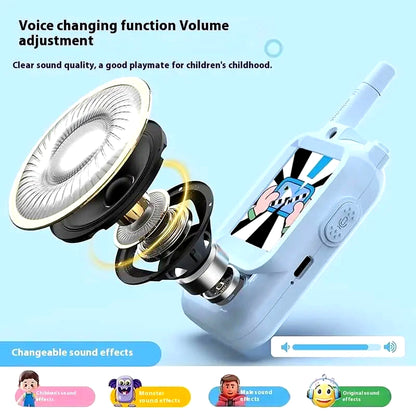 Internal speaker and voice-changing feature of kids video walkie talkie with adjustable volume and sound effects