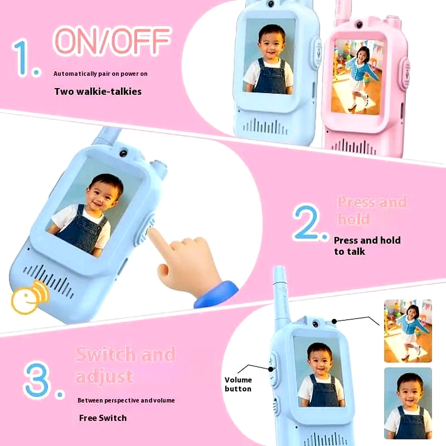 Kids video walkie talkie controls explained, showing on/off button, press-to-talk function, and volume adjustment
