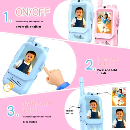 Kids video walkie talkie controls explained, showing on/off button, press-to-talk function, and volume adjustment