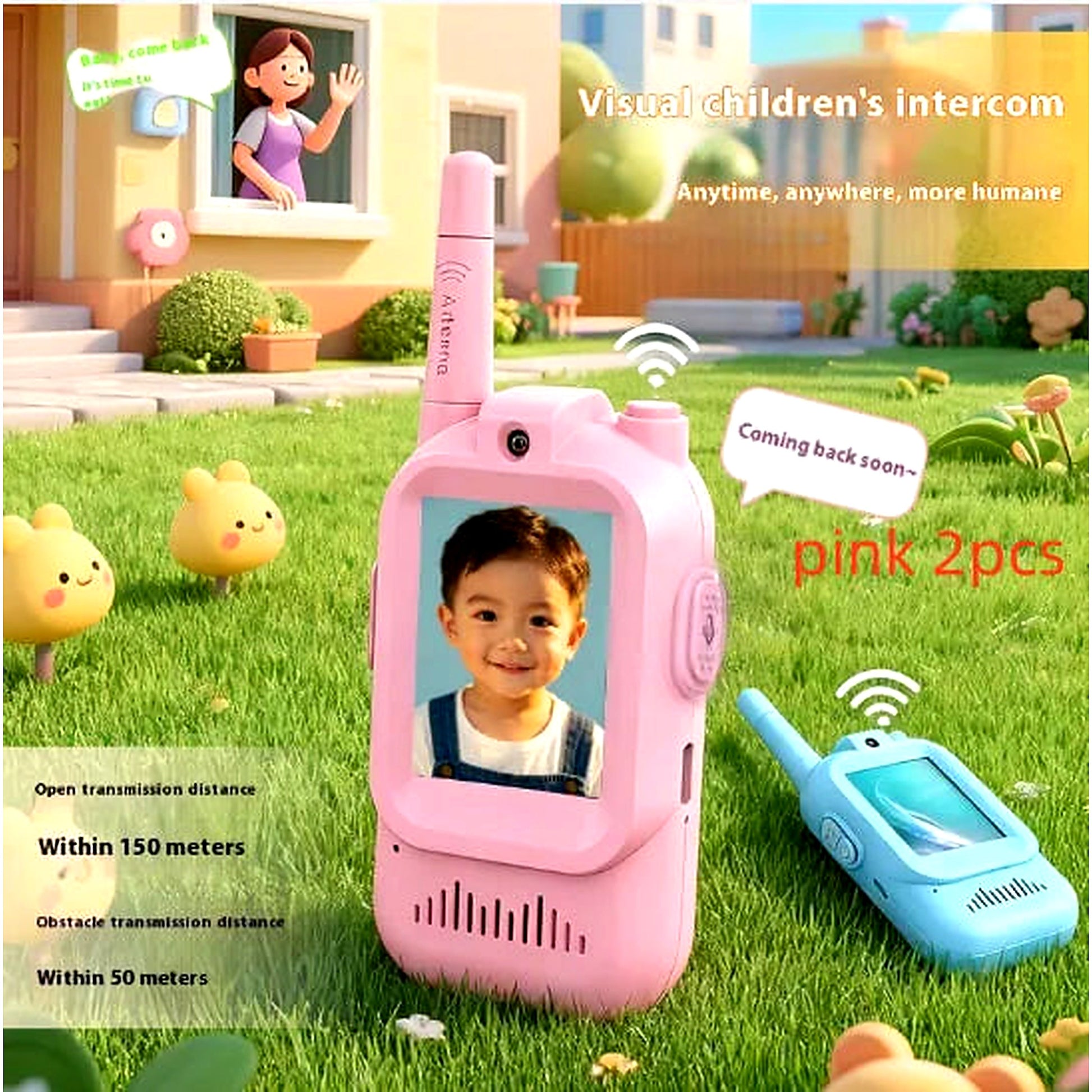 Kids video walkie talkie set shown outdoors, pink and blue handheld intercoms with camera and long-range communication