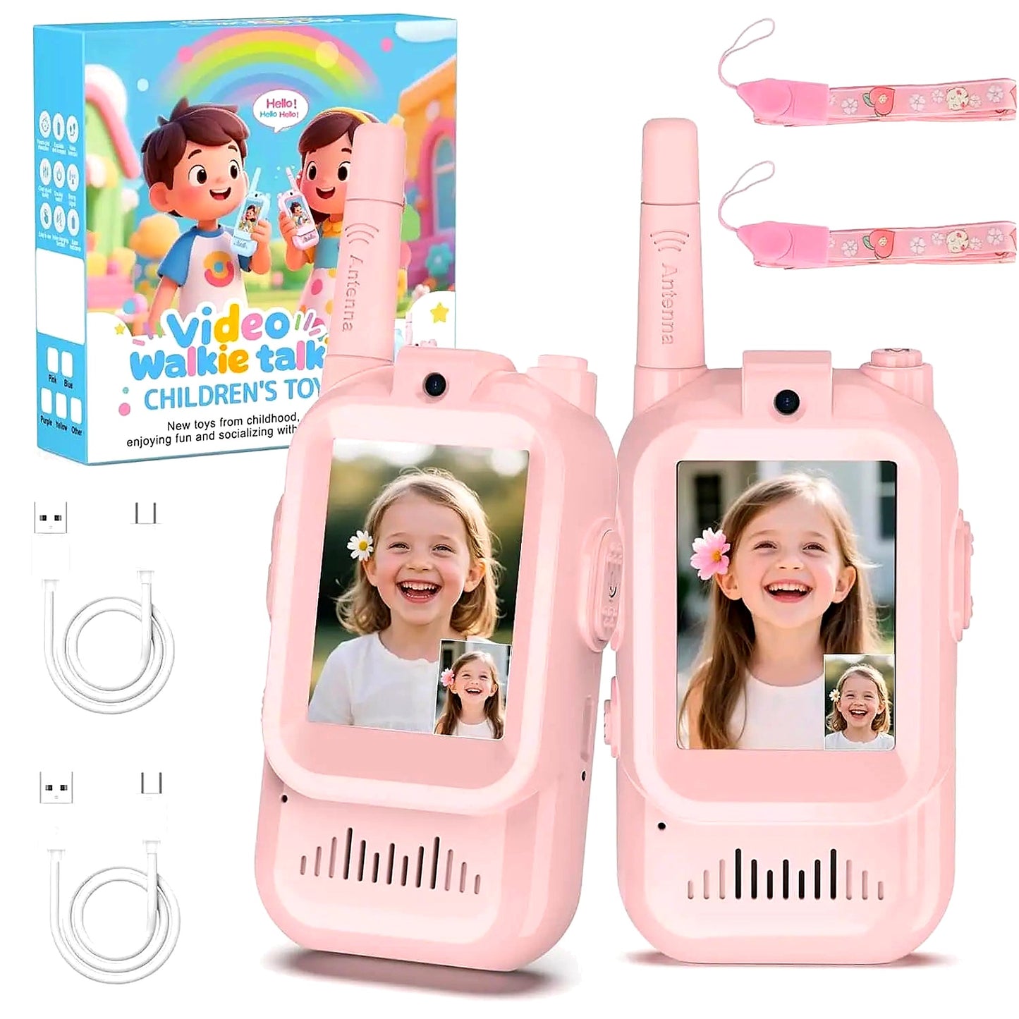 Rechargeable video walkie talkies for kids 2-pack with camera, pink handheld intercoms, USB charging cables, and colorful retail box