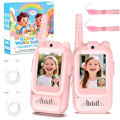 Rechargeable video walkie talkies for kids 2-pack with camera, pink handheld intercoms, USB charging cables, and colorful retail box