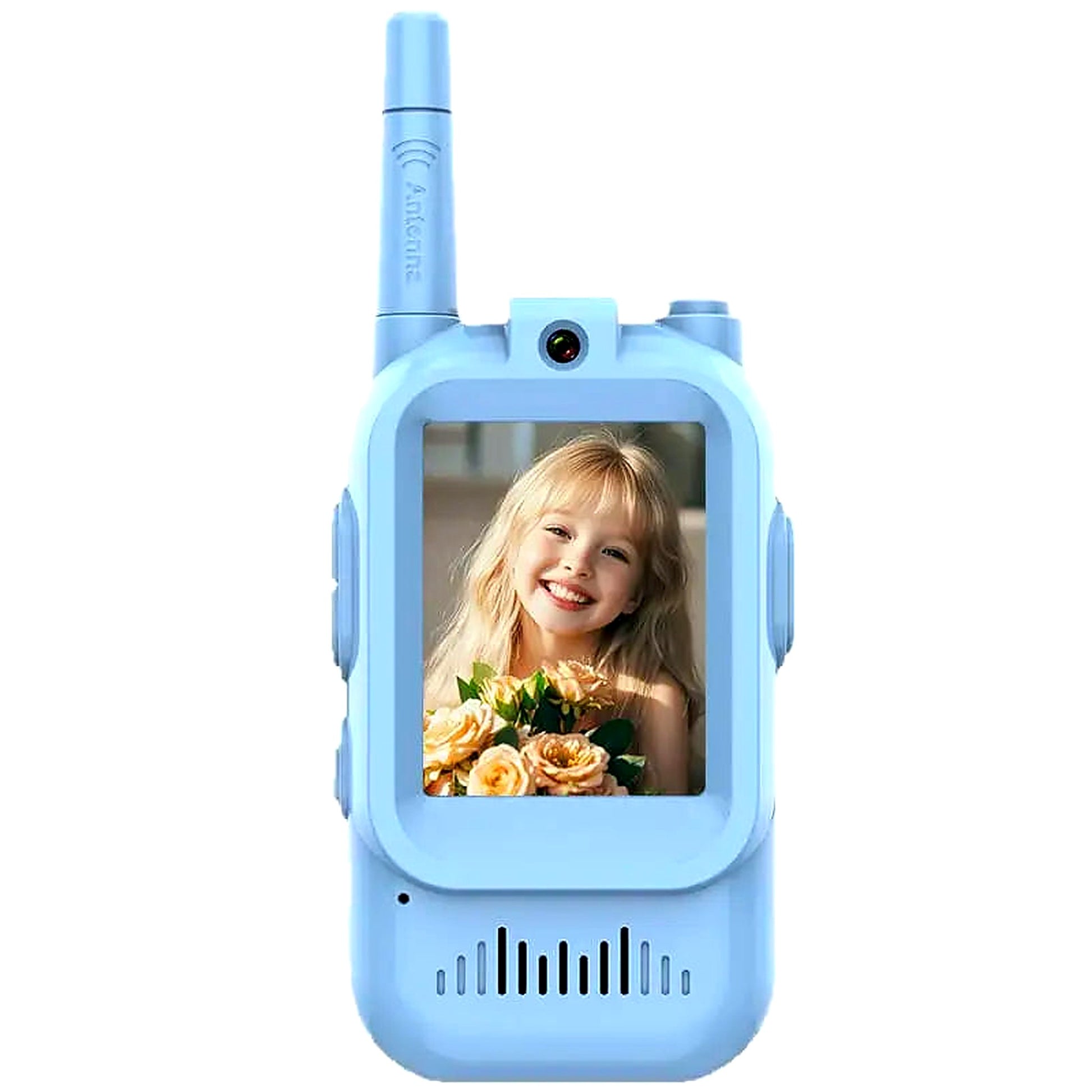 Single blue video walkie talkie for kids with built-in camera, screen display, and rechargeable handheld design