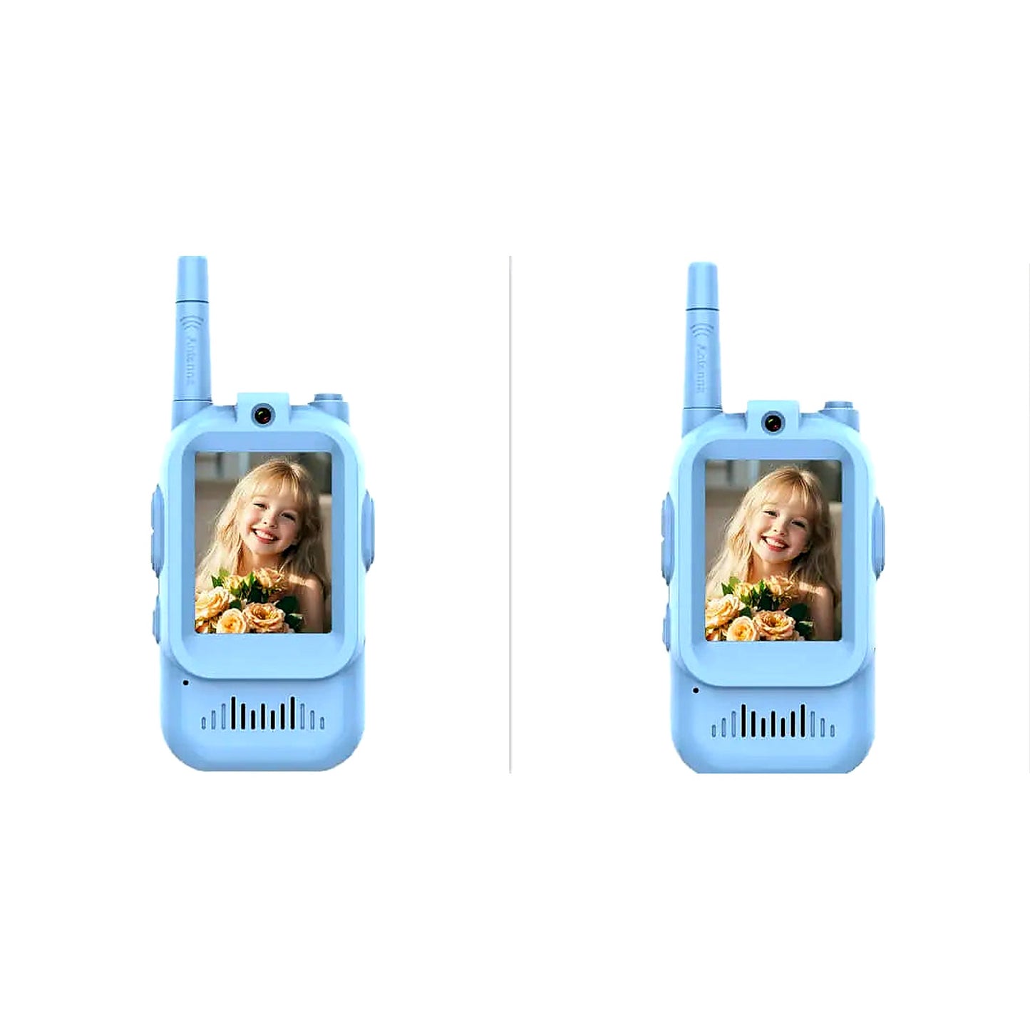 Two blue kids handheld video walkie talkies with camera and screen for face-to-face communication