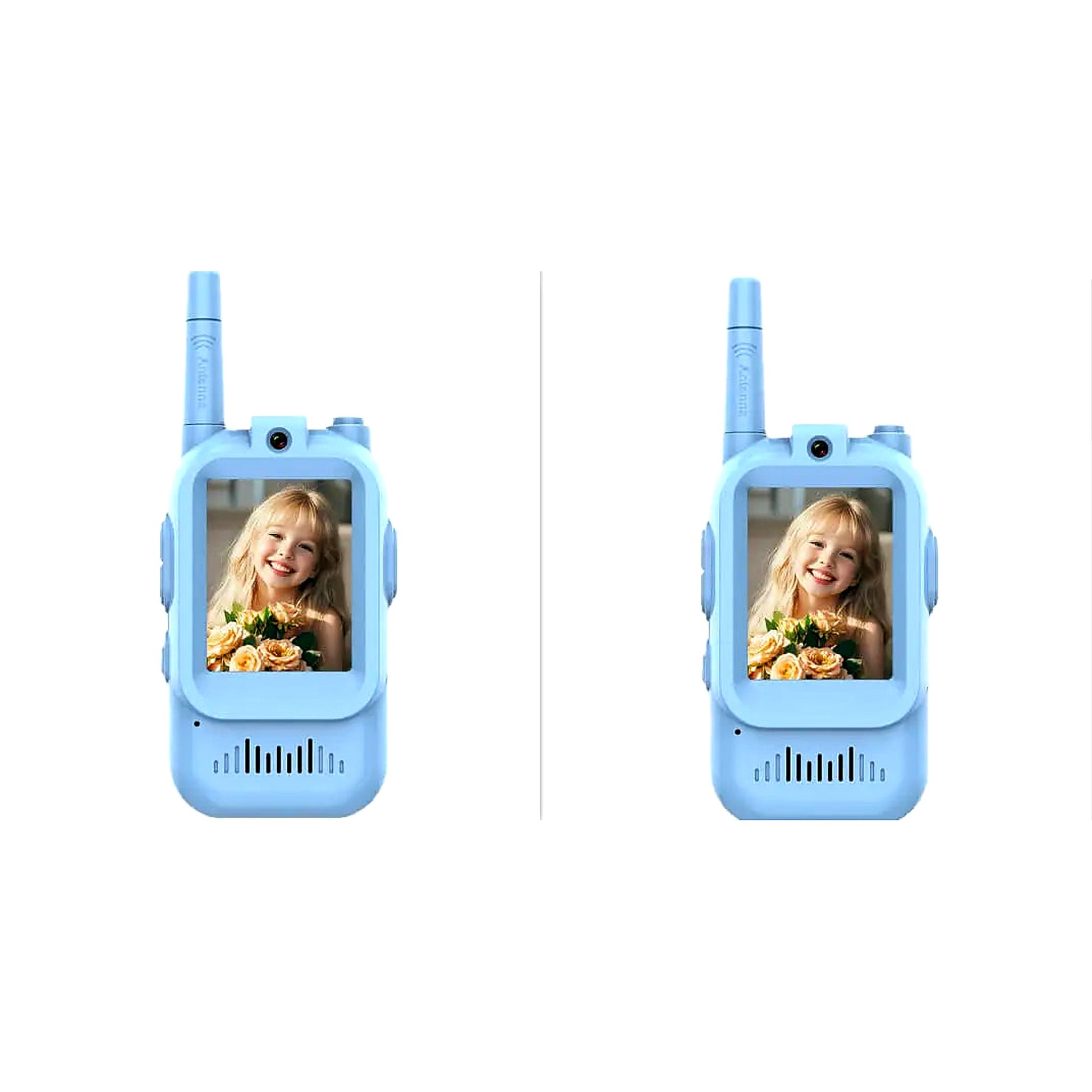 Two blue kids handheld video walkie talkies with camera and screen for face-to-face communication