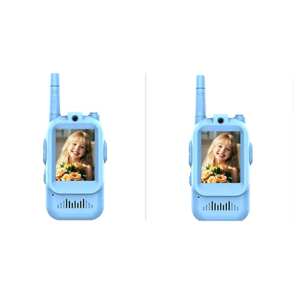 Two blue kids handheld video walkie talkies with camera and screen for face-to-face communication